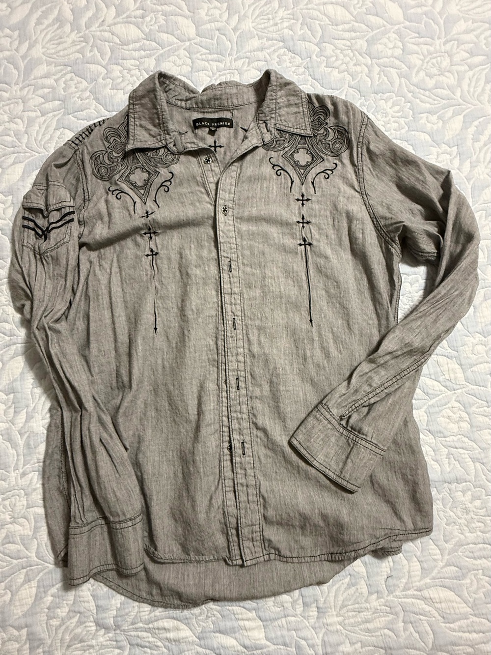 Affliction Men's Gray Embroidered Long-Sleeve Button-Down Shirt